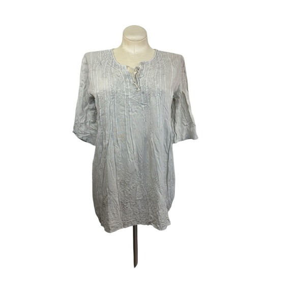 Solitaire Tops - Women's M Solitaire V Neck 3/4 Sleeve Embroidered Tunic Gray Boho Preowned